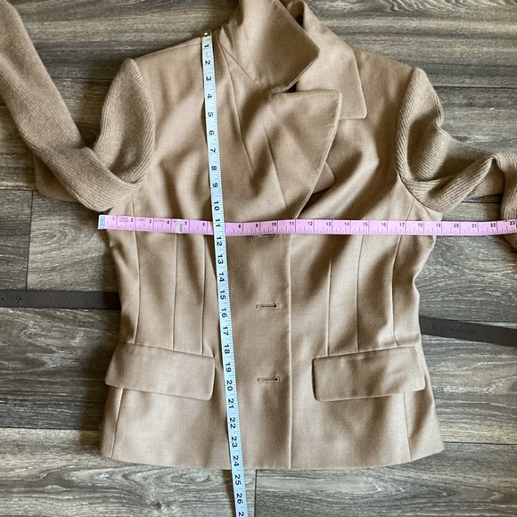 Anne Klein Elegant Tan Wool Cashmere Belted Blazer Knitted Sleeves Sz Med - Picture 7 of 9